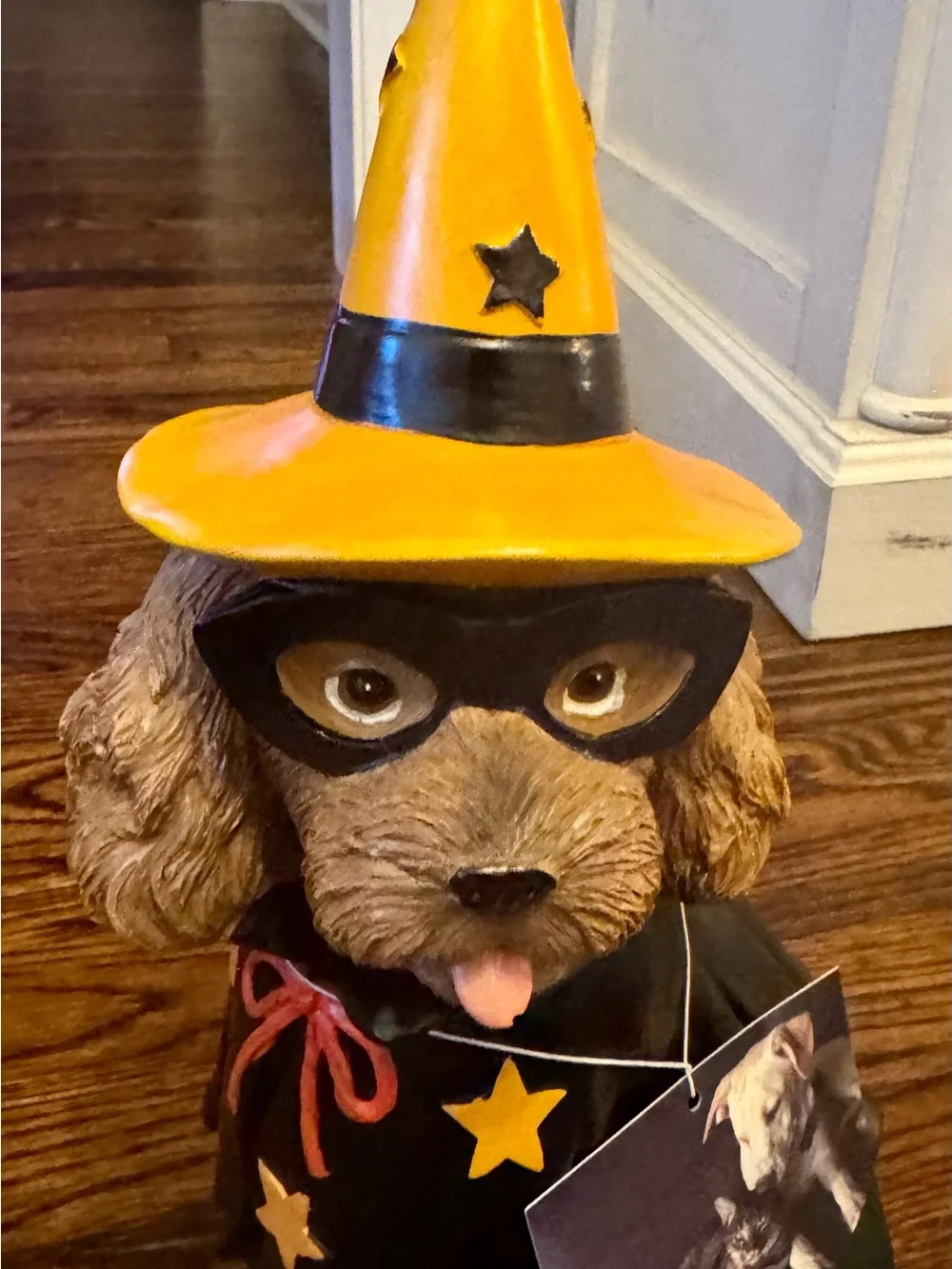 Halloween Spaniel Dog Figurine With Black Cape And Yellow Witch Hat